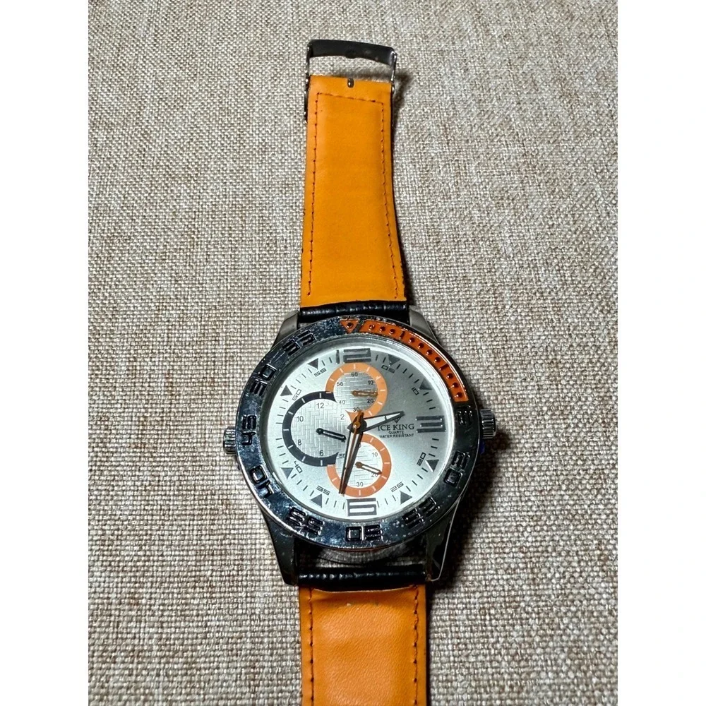 ICE KING Mens Orange Leather Strap Chronograph Watch Silver Dial Water Resistant